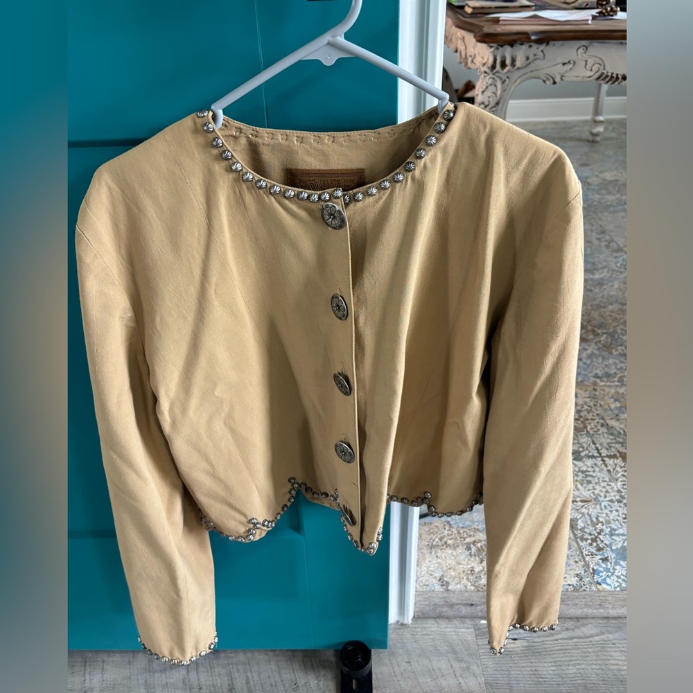 Embellished Tan Cropped Vintage Double D Ranch Jacket with Decorative Buttons